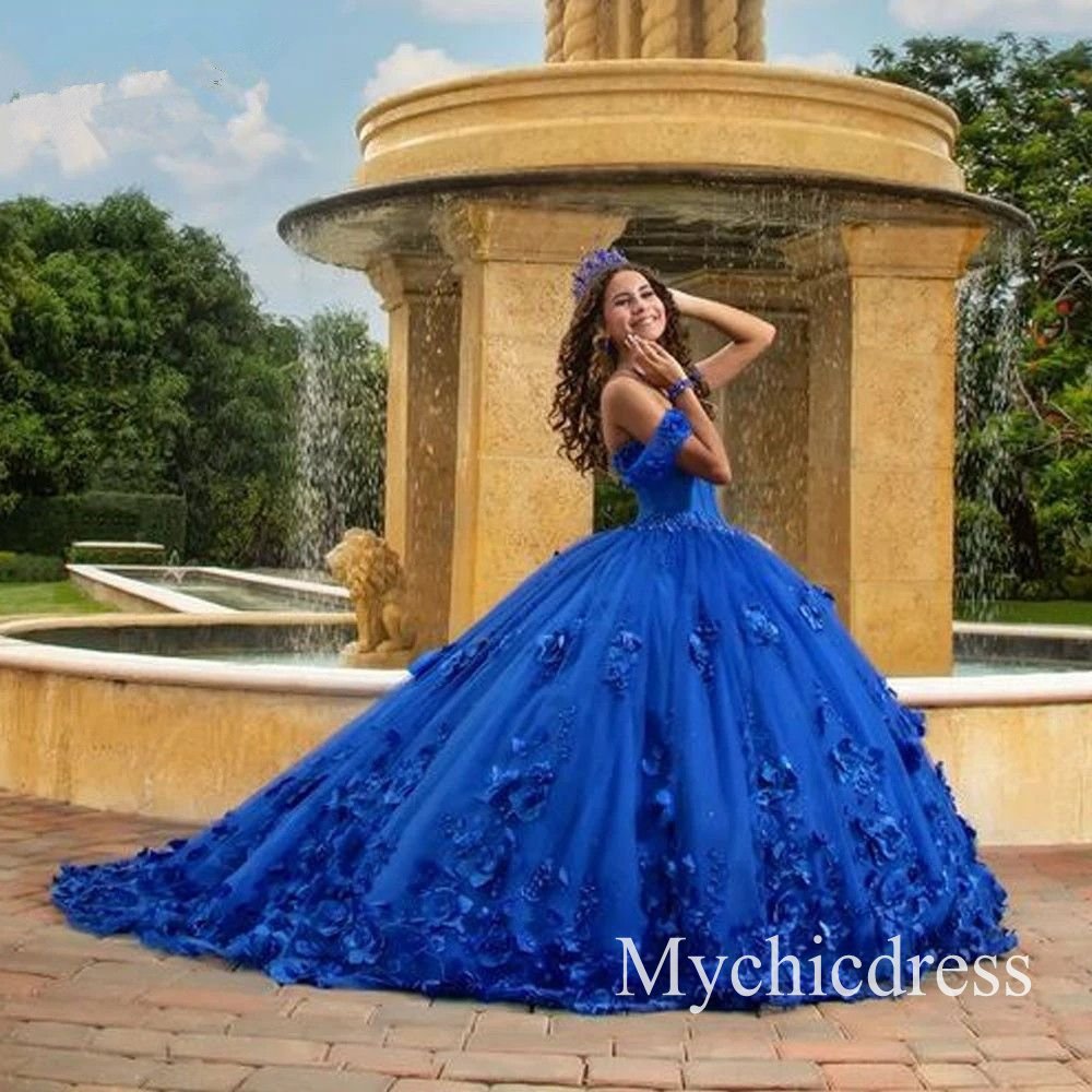 Off Shoulder Butterfly Royal Blue Quince Dress 3D Flowers Vestidos XV Años - MyChicDress
