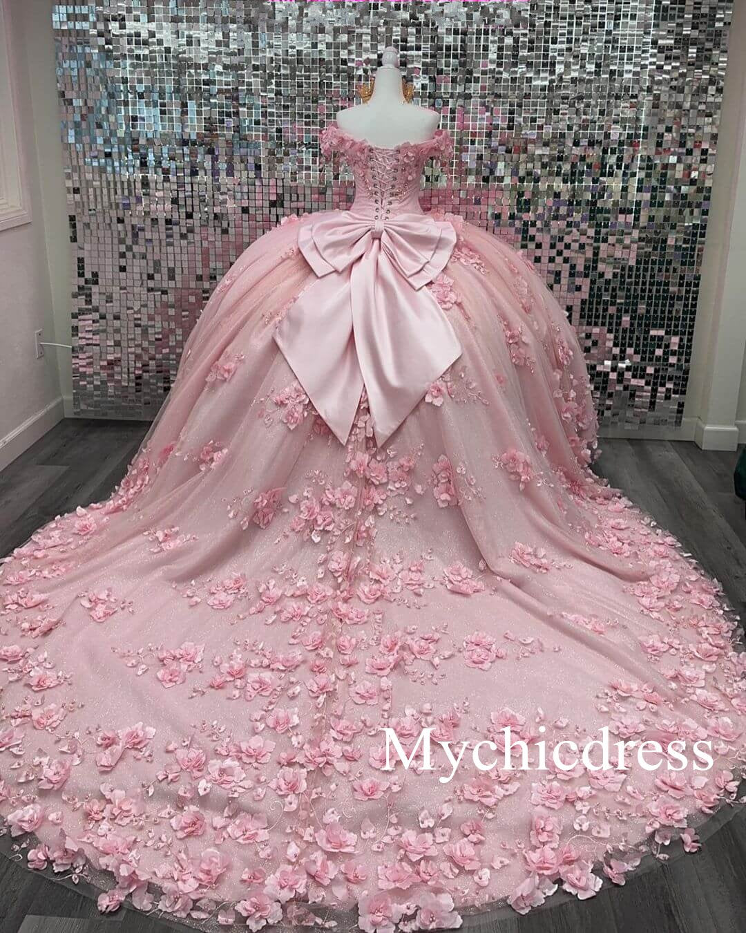 Off Shoulder Corset Pink Quinceanera Dresses 3D Flowers Appliques - MyChicDress