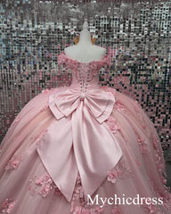 Off Shoulder Corset Pink Quinceanera Dresses 3D Flowers Appliques