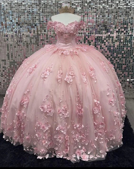 Off Shoulder Corset Pink Quinceanera Dresses 3D Flowers Appliques - MyChicDress