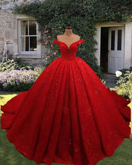 Off Shoulder Glitter Ball Gown Wedding Dresses Red Sequin Bridal Wear