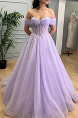 Off Shoulder Lavender Prom Dress 2025 A-Line Tulle with Beaded