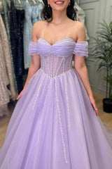 Off Shoulder Lavender Prom Dress 2025 A-Line Tulle with Beaded