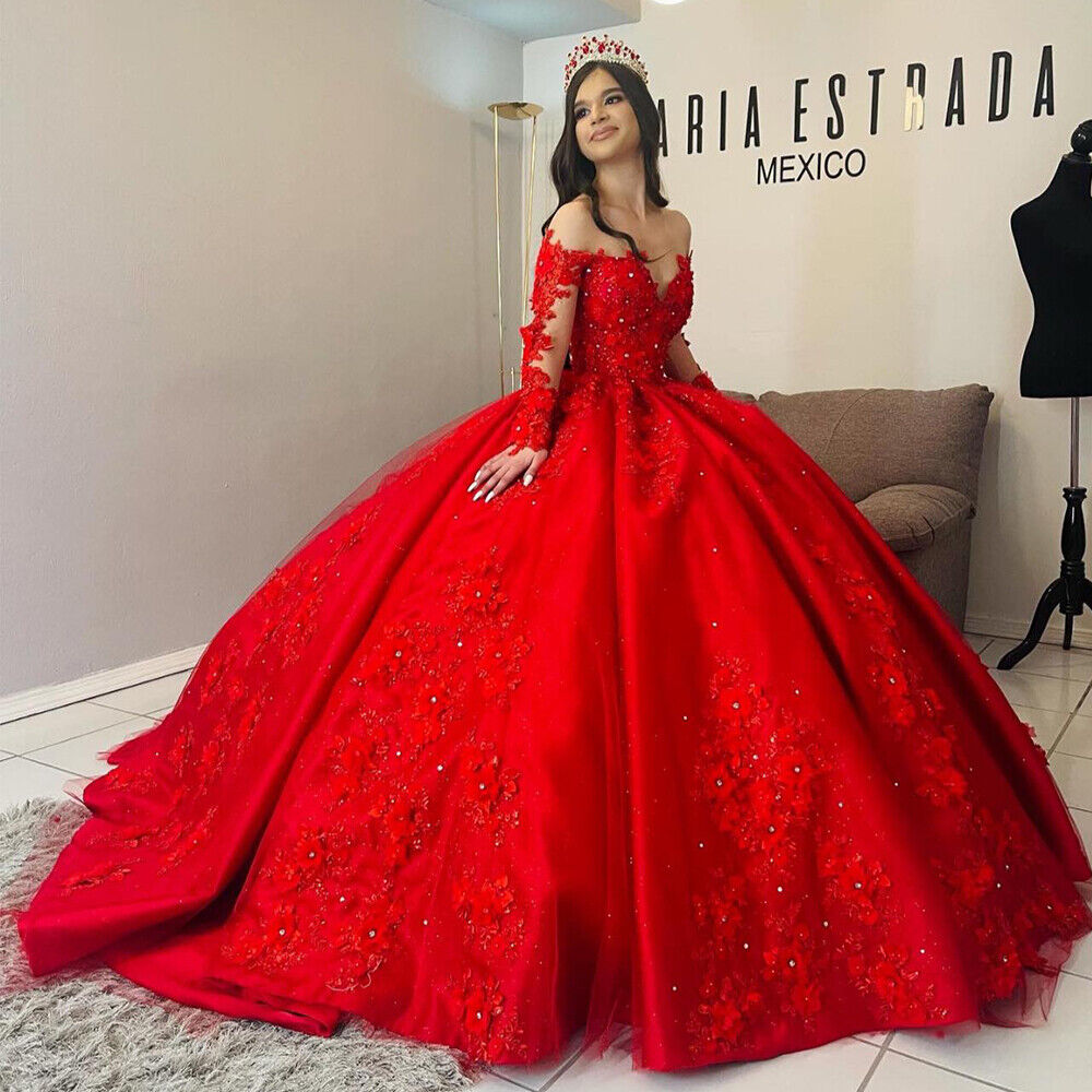 Long Sleeve Red Vintage Quinceanera Dresses Flowers Beaded Off Shoulder - MyChicDress
