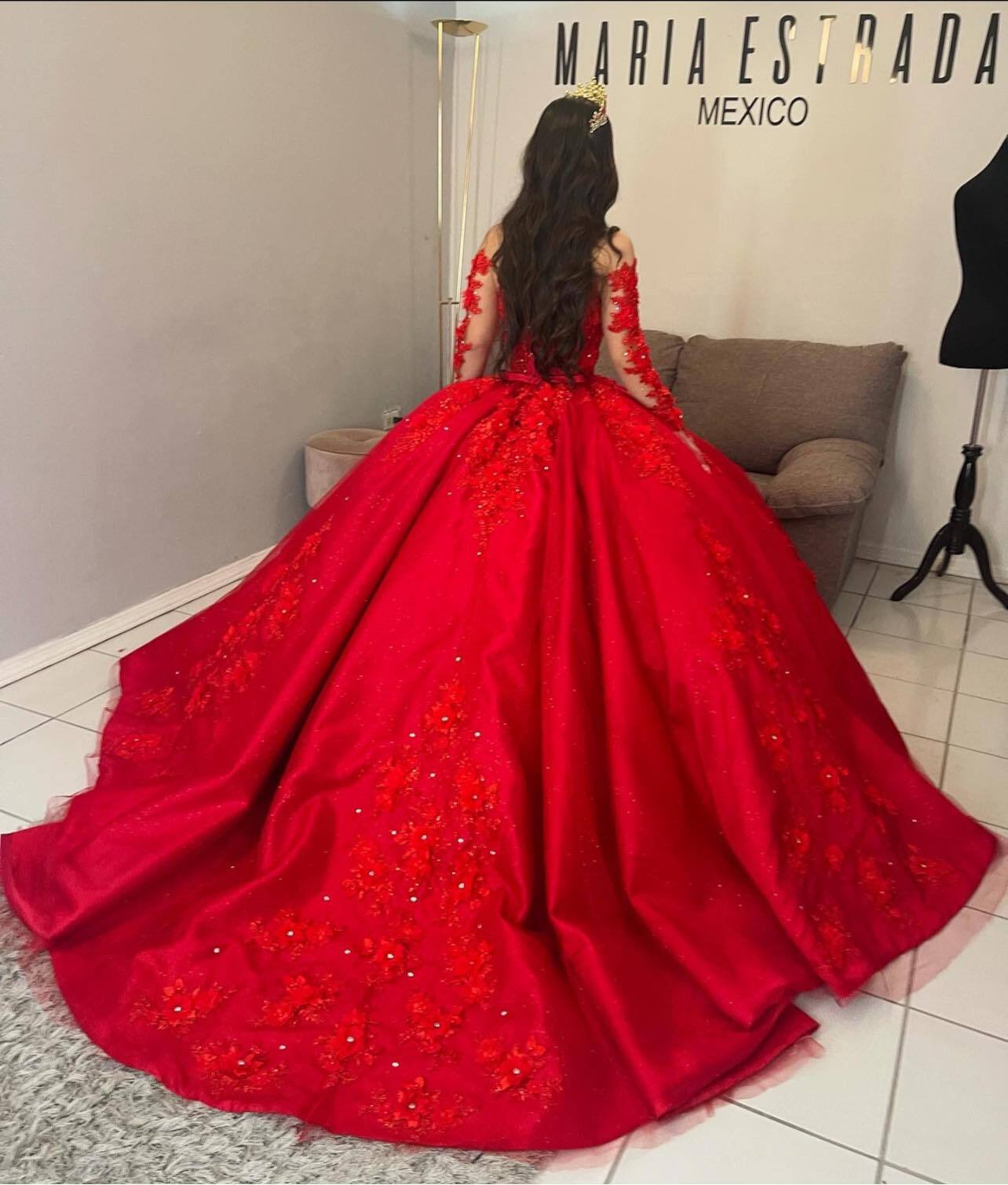 Long Sleeve Red Vintage Quinceanera Dresses Flowers Beaded Off Shoulder - MyChicDress
