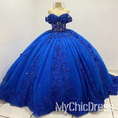 Off Shoulder Royal Blue Quinceanera Dresses Lace Applique Sweet 16 Dress Beaded