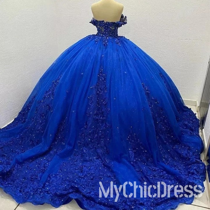 Off Shoulder Royal Blue Quinceanera Dresses Lace Applique Sweet 16 Dress Beaded Mychicdress
