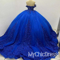 Off Shoulder Royal Blue Quinceanera Dresses Lace Applique Sweet 16 Dress Beaded