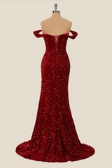 Off the Shoulder Sequin Burgundy Mermaid Prom Dresses Shiny