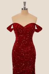 Off the Shoulder Sequin Burgundy Mermaid Prom Dresses Shiny