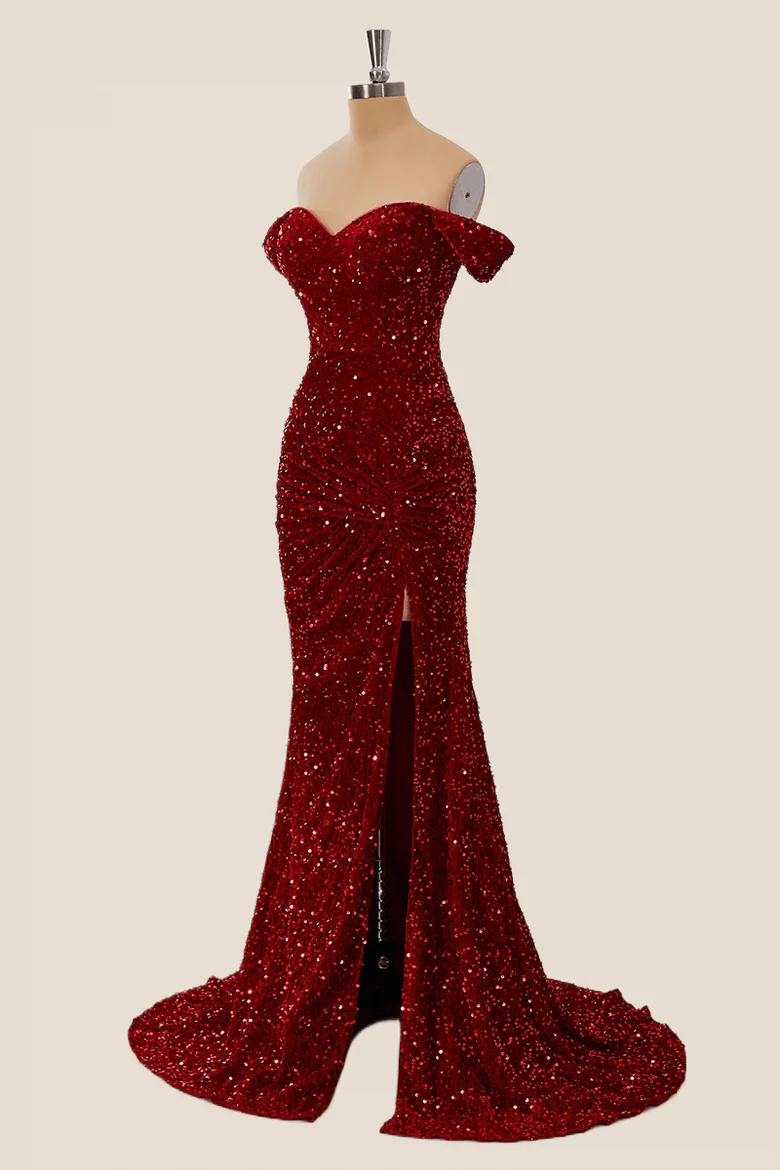 Off the Shoulder Sequin Burgundy Mermaid Prom Dresses Shiny - MyChicDress