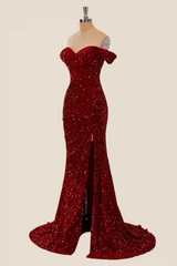 Off the Shoulder Sequin Burgundy Mermaid Prom Dresses Shiny