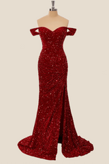 Off the Shoulder Sequin Burgundy Mermaid Prom Dresses Shiny