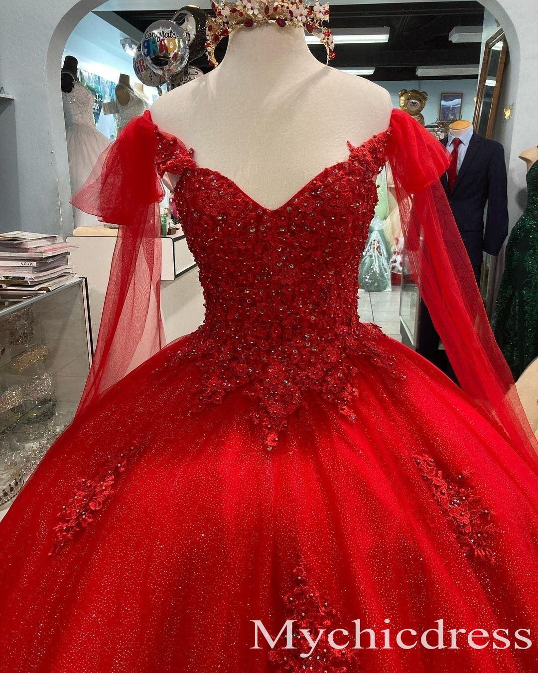 Off Shoulder Sweet 15 Gown Red Quinceanera Dresses 3D Flowers - MyChicDress