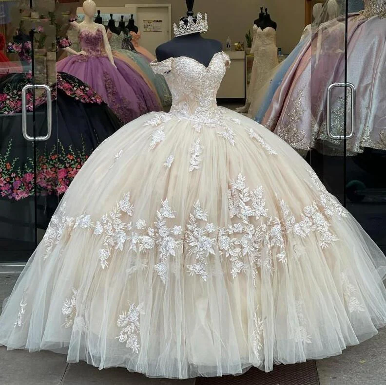 Off The Shoulder Champagne Quinceanera Dress with Lace Appliques