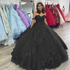 Off the Shoulder Flowers Beaded black Ball Gown Quinceanera Dresses