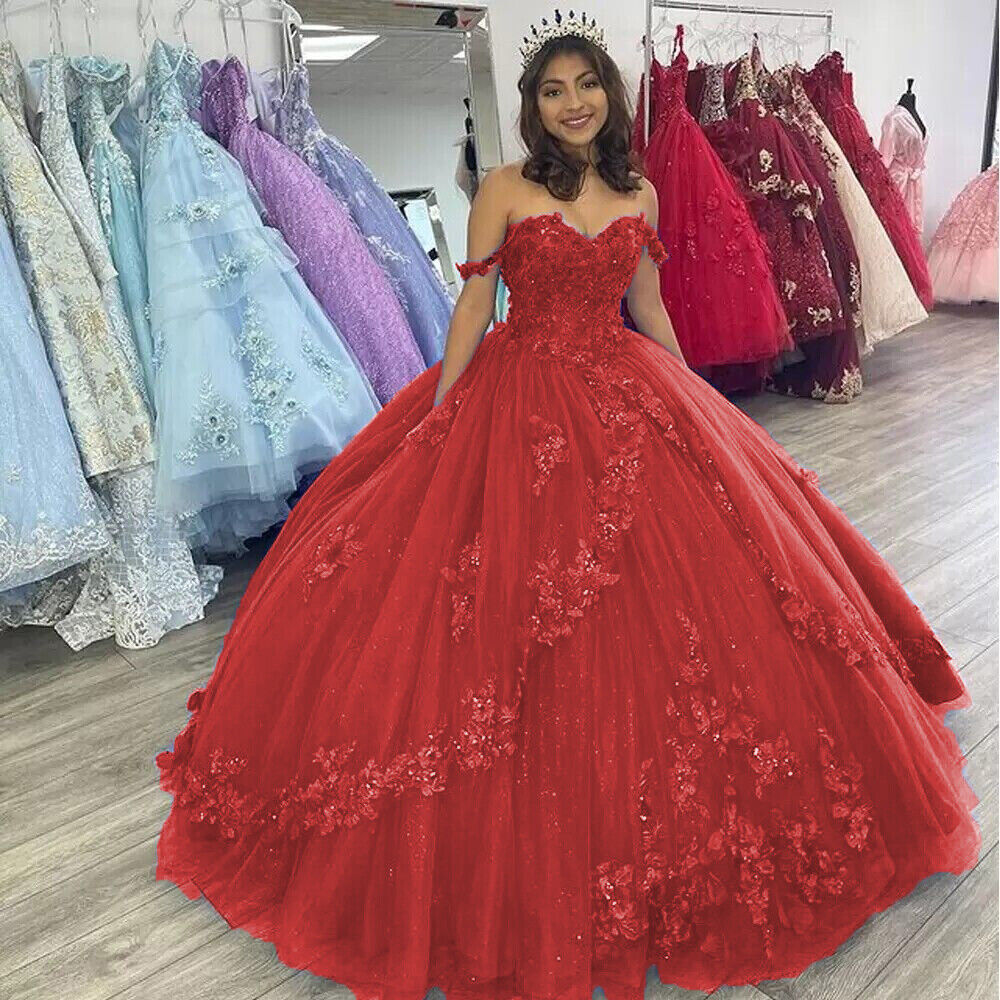 Off the Shoulder Flowers Beaded red Ball Gown Quinceanera Dresses