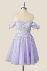 Off The Shoulder Lace Short 2025 Homecoming Dress Lavender Dama Dress