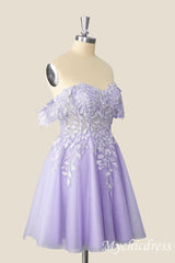 Off The Shoulder Lace Short 2025 Homecoming Dress Lavender Dama Dress