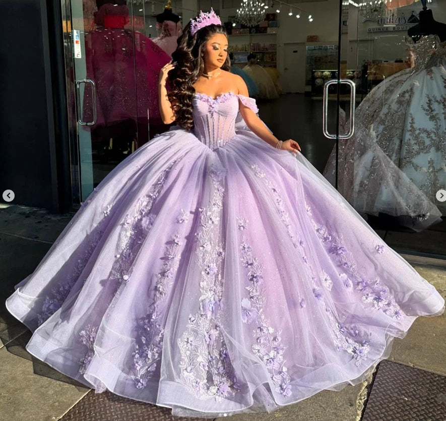 Off the shoulder Flowers Light Purple Quinceanera Dress for Sweet 16