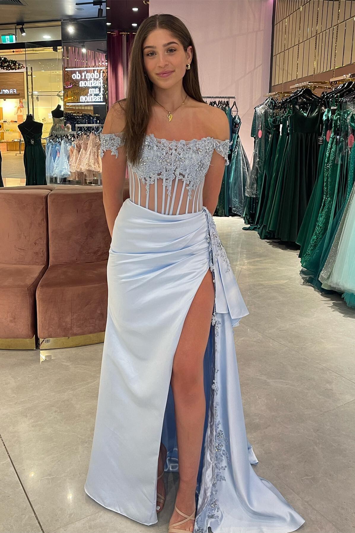 Off the Shoulder light blue formal Dresses Mermaid Satin Beaded With Applique Mychicdress