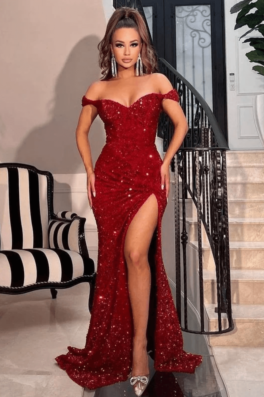 Off the Shoulder Sequin Burgundy Mermaid Prom Dresses Shiny - MyChicDress