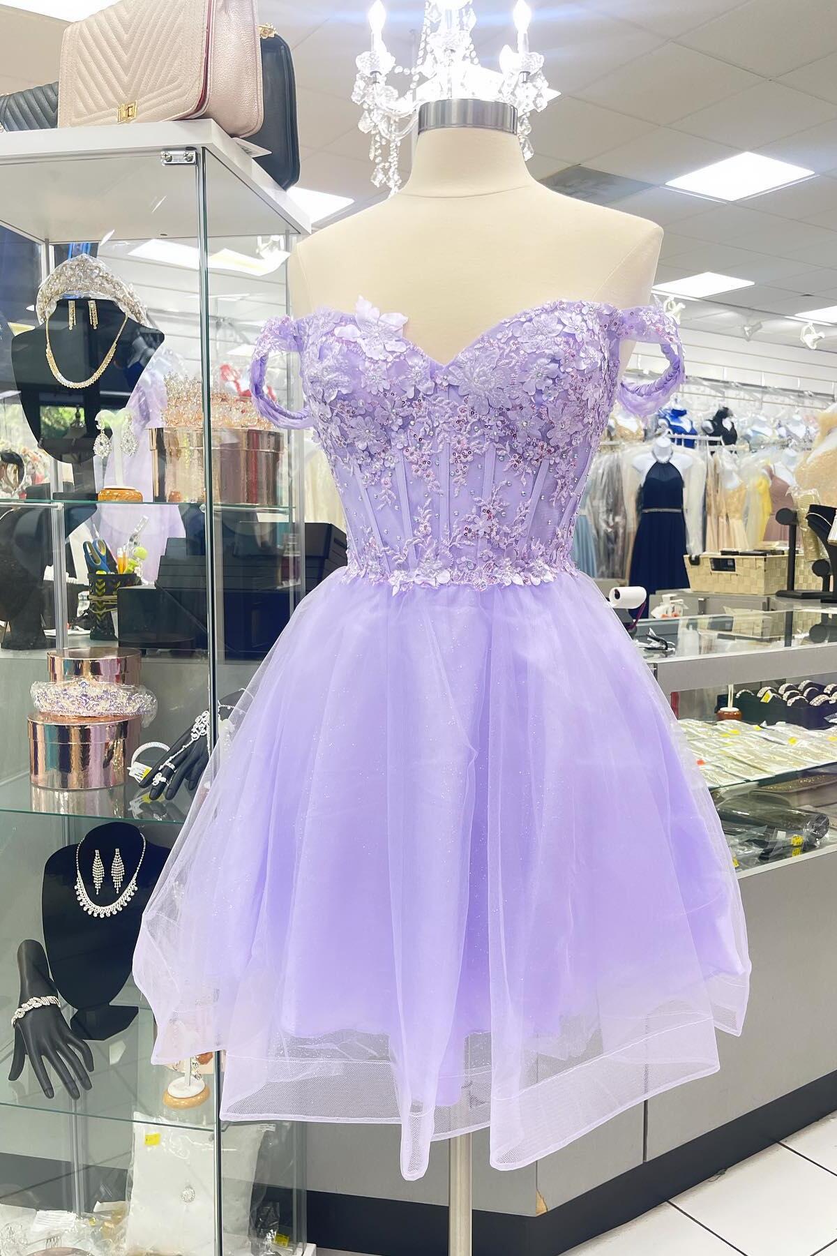 Off the Shoulder Short Lavender Homecoming Dress Lace Appliques