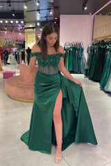 Off the Shoulder green prom formal Dresses Mermaid Satin Beaded With Applique Mychicdress