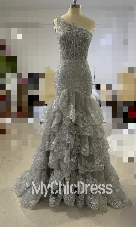 One Shoulder Sequin Silver Tiered Long Formal Dress