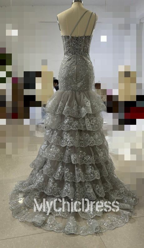 One Shoulder Sequin Silver Tiered Long Formal Dress