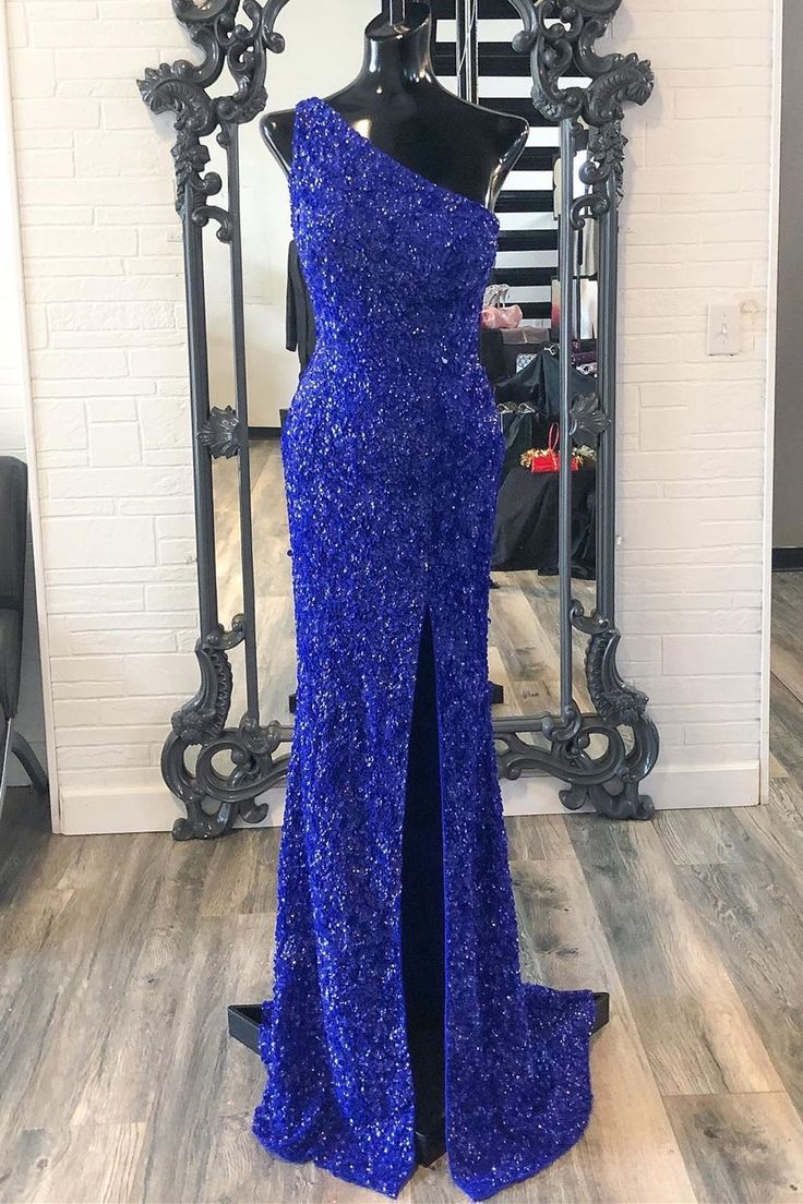 2025 One Shouder Royal Blue Prom Dresses Long Sequin Evening Dress - MyChicDress