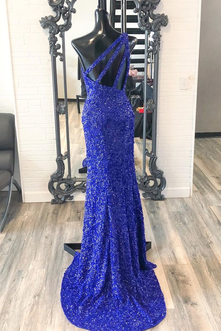 2025 One Shouder Royal Blue Prom Dresses Long Sequin Evening Dress - MyChicDress