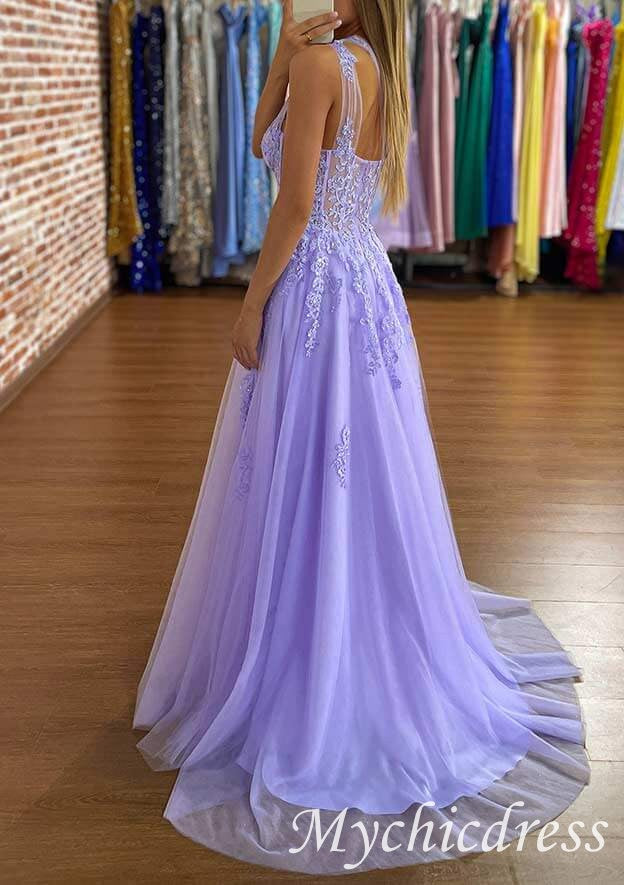 One Shoulder 2024 Lace Violet Purple Prom Dresses Long Evening Gown - MyChicDress