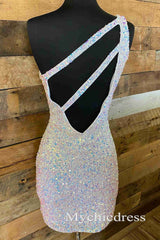 Hot Glitter 2024 Sequin Homecoming Dresses Tight One Shoulder Short Cocktail Dress