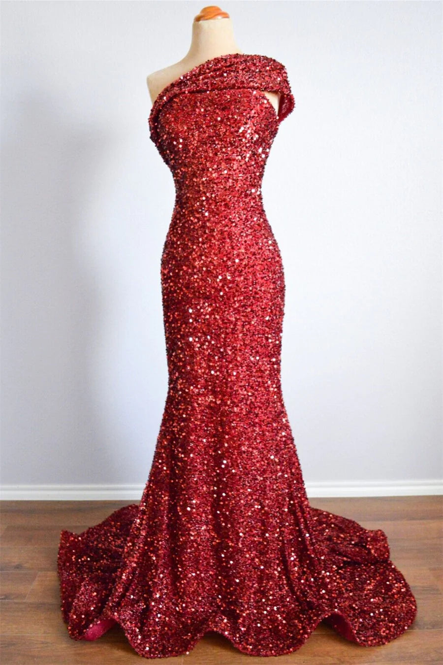 One Shoulder Long Sequins Formal Dress Burgundy Mermaid - MyChicDress