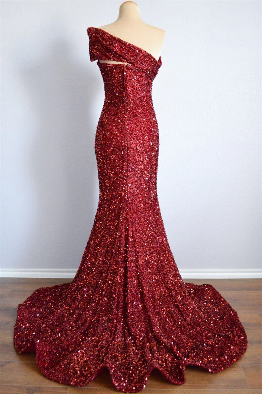 One Shoulder Long Sequins Formal Dress Burgundy Mermaid - MyChicDress