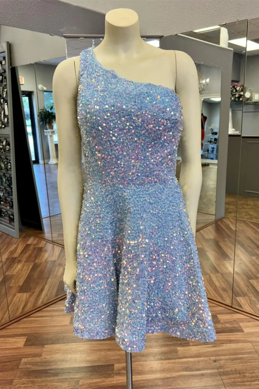 Sequin Royal Blue Homecoming Dress One Shoulder Short Prom Dresses - MyChicDress