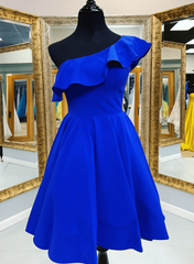 One Shoulder Short Royal Blue Homecoming Dress 2024 Ruffled Grad Dress