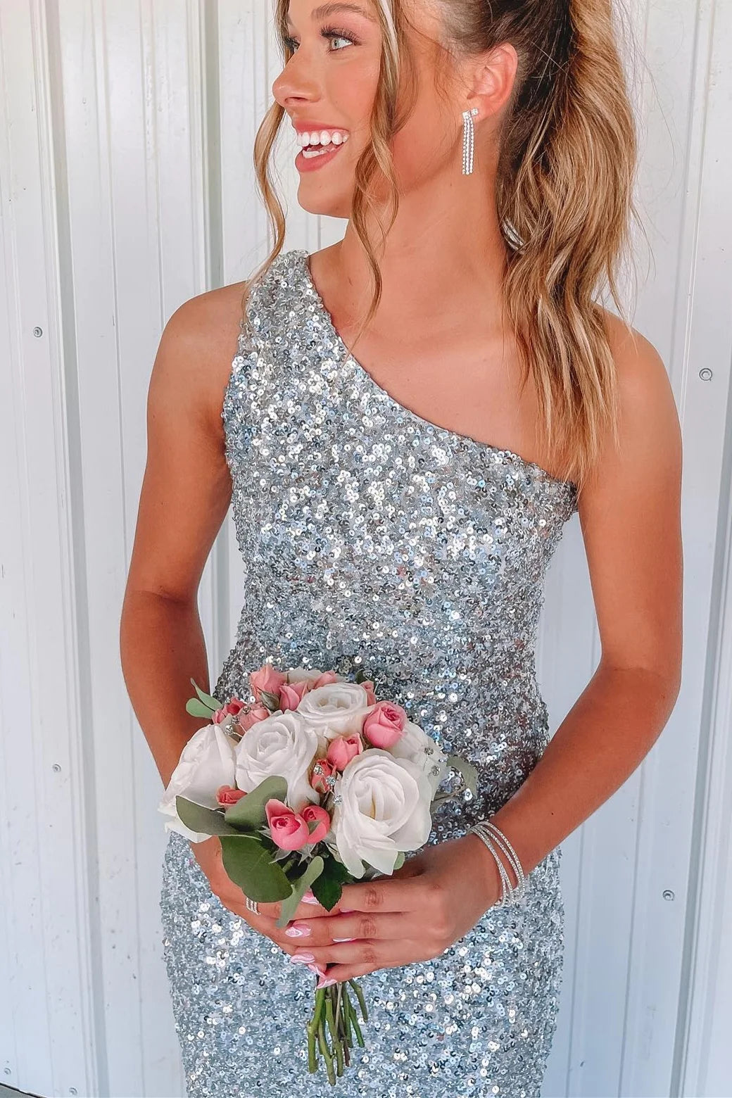 One Shoulder Silver Sequin Prom Dresses Mermaid Formal Gown - MyChicDress
