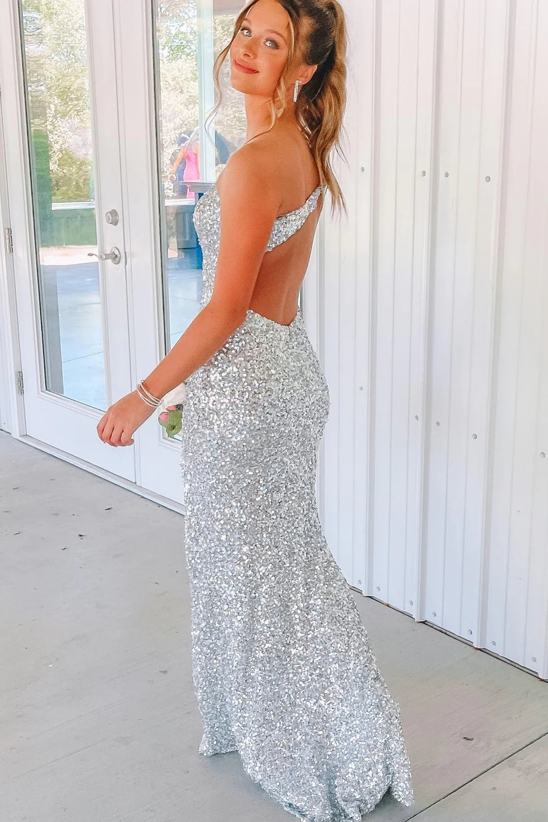 One Shoulder Silver Sequin Prom Dresses Mermaid Formal Gown - MyChicDress