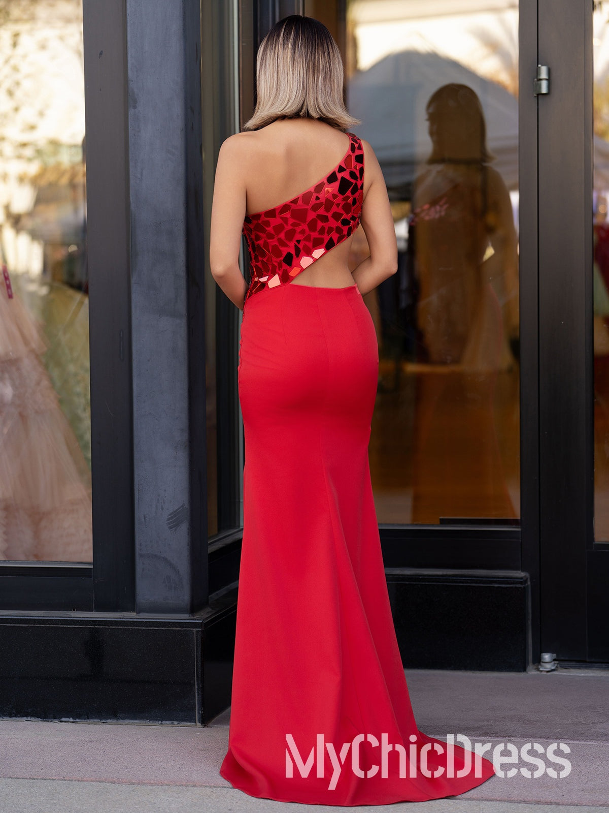 One Shoulder Red Mirror Metallic Prom Dress Sequins with Slit