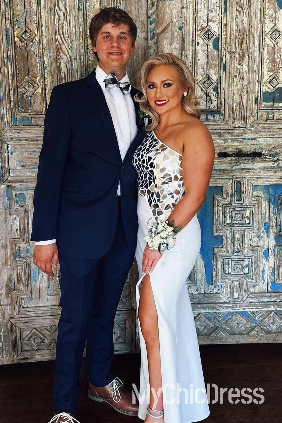 One Shoulder Red Mirror Metallic Prom Dress Sequins with Slit