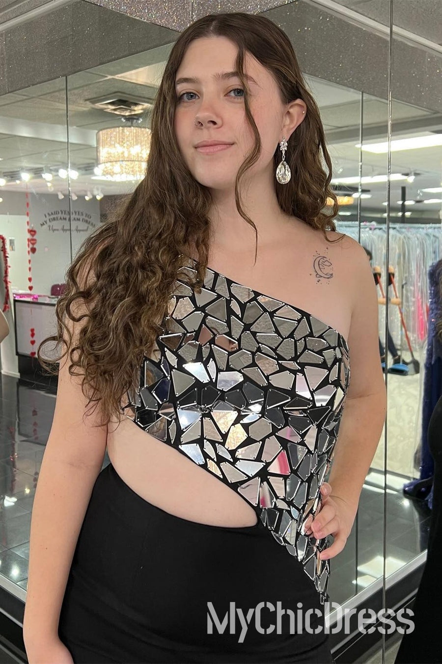 One Shoulder Red Mirror Metallic Prom Dress Sequins with Slit