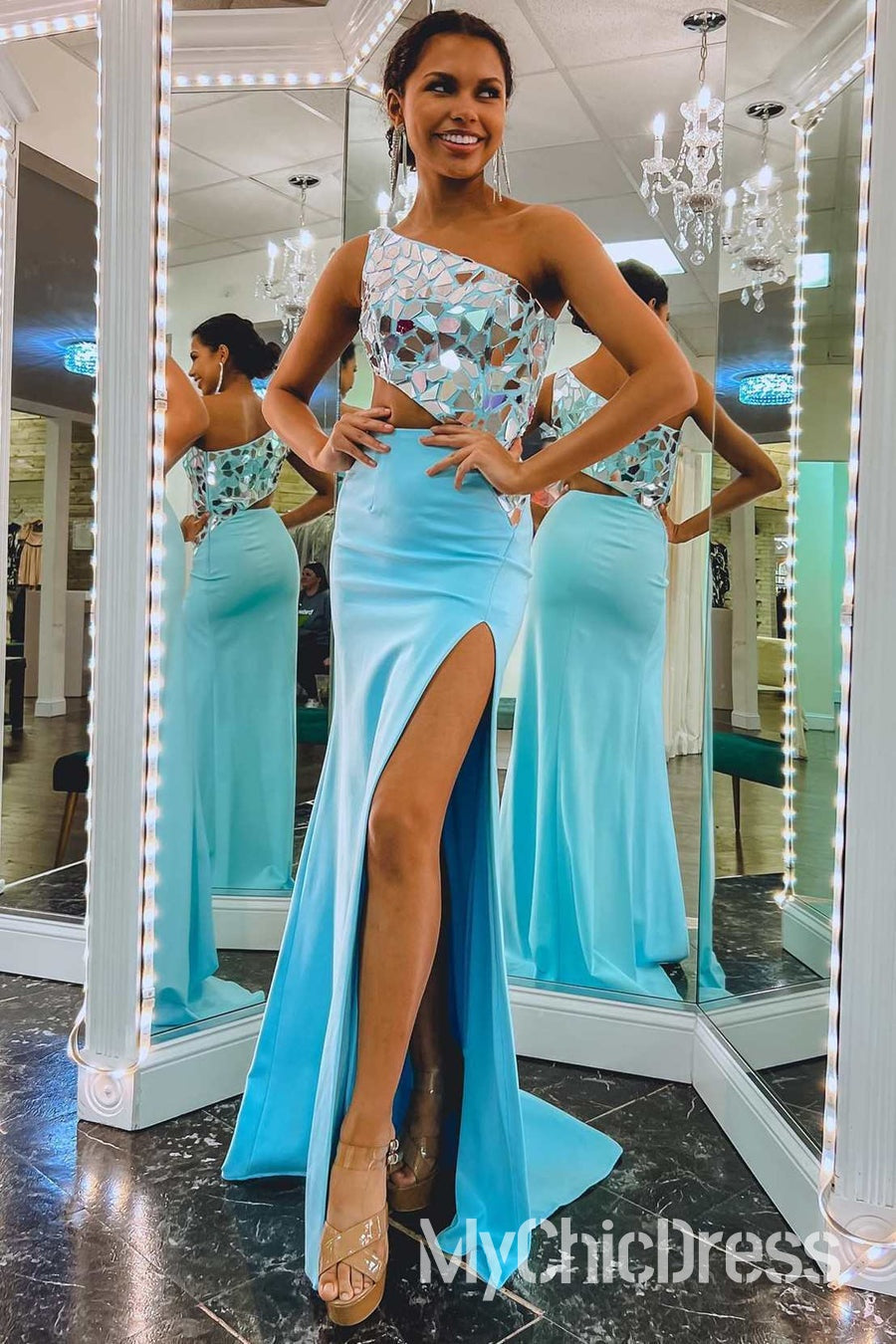 One Shoulder Red Mirror Metallic Prom Dress Sequins with Slit