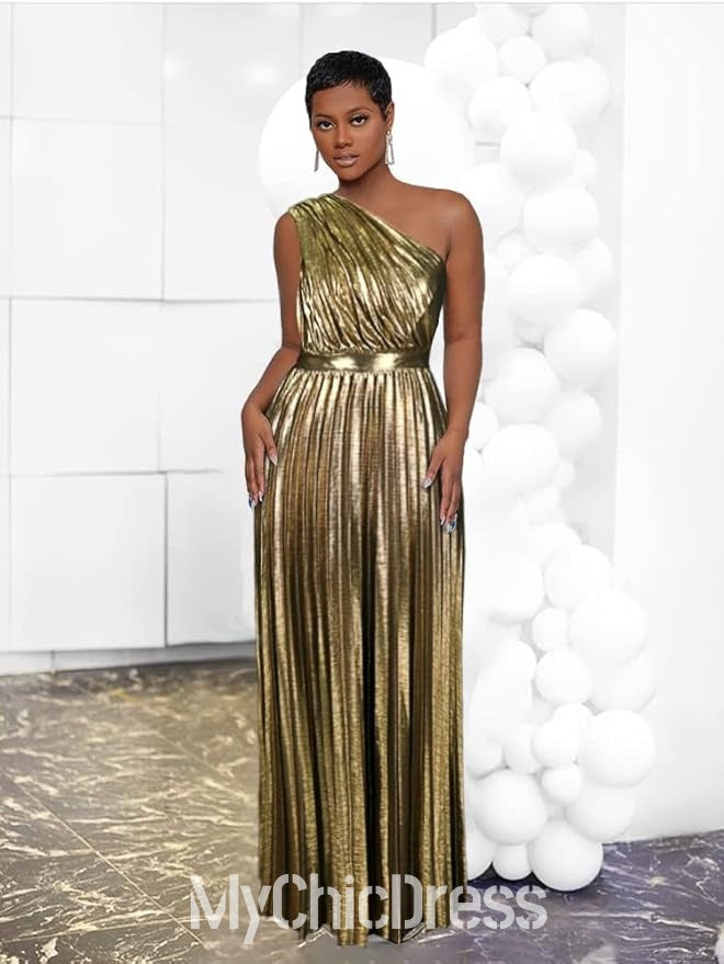 One Shoulder Women Metallic Wedding Guest Dress Pleated Sleeveless