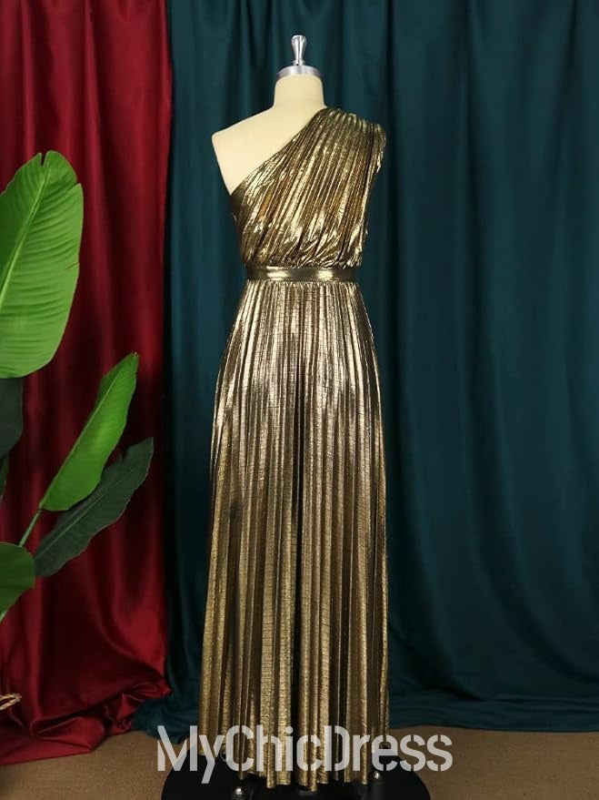 One Shoulder Women Metallic Wedding Guest Dress Pleated Sleeveless