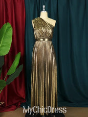 One Shoulder Women Metallic Wedding Guest Dress Pleated Sleeveless