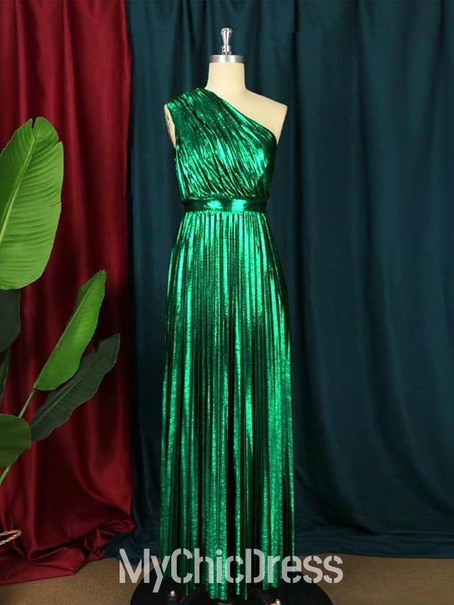 One Shoulder Women Metallic Wedding Guest Dress Pleated Sleeveless