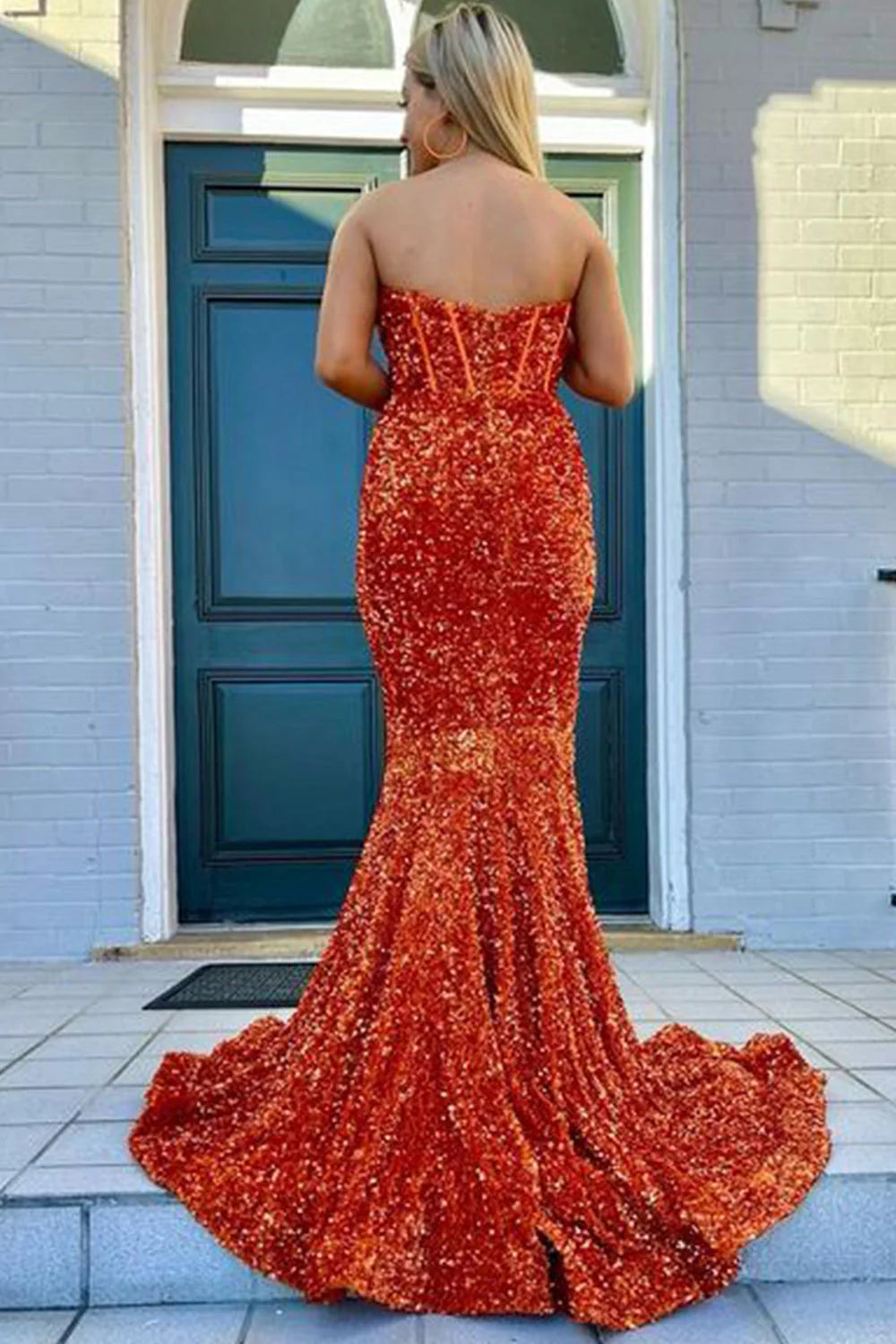 Orange Mermaid Sequined Prom Dress Sweetheart with Slit - MyChicDress