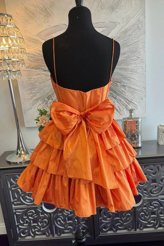 Orange Tiered Satin Homecoming Dress with Ruffle